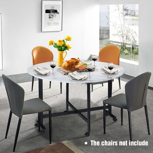 Marble Dining Table Foldable Wood Drop Leaf Multifunctional Desk Wheels Metal Legs White