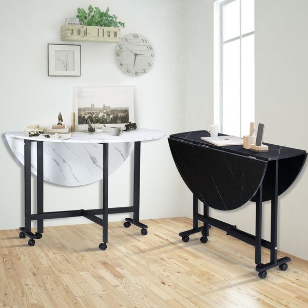 Marble Dining Table Foldable Wood Drop Leaf Multifunctional Desk Wheels Metal Legs White