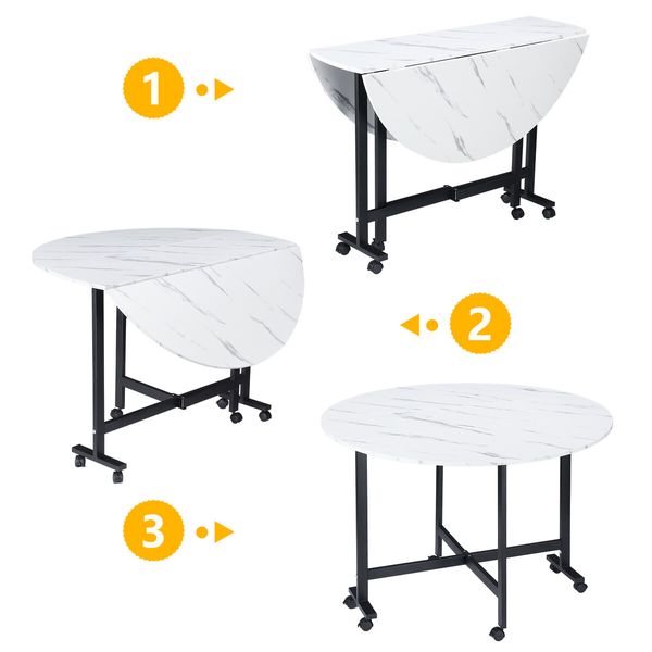 Marble Dining Table Foldable Wood Drop Leaf Multifunctional Desk Wheels Metal Legs White