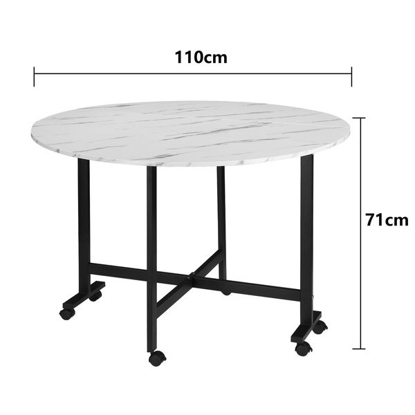 Marble Dining Table Foldable Wood Drop Leaf Multifunctional Desk Wheels Metal Legs White
