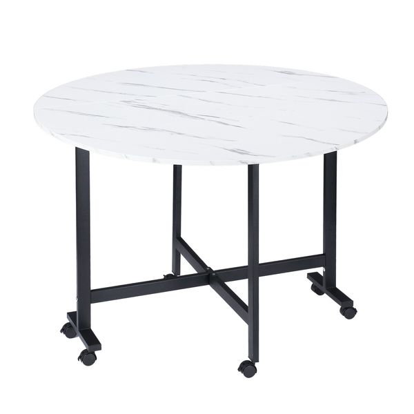 Marble Dining Table Foldable Wood Drop Leaf Multifunctional Desk Wheels Metal Legs White