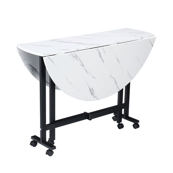 Marble Dining Table Foldable Wood Drop Leaf Multifunctional Desk Wheels Metal Legs White
