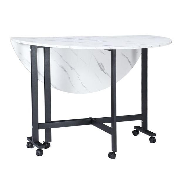 Marble Dining Table Foldable Wood Drop Leaf Multifunctional Desk Wheels Metal Legs White