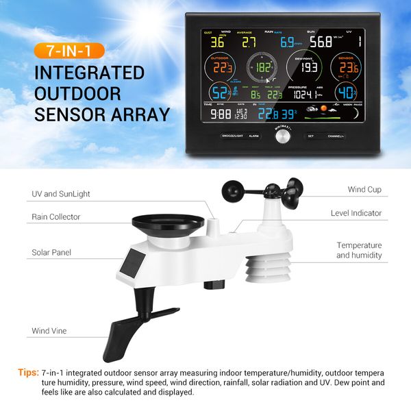 Solar Weather Station Forecaster Wireless WiFi Home Rain Gauge Clock Temperature Humidity Wind