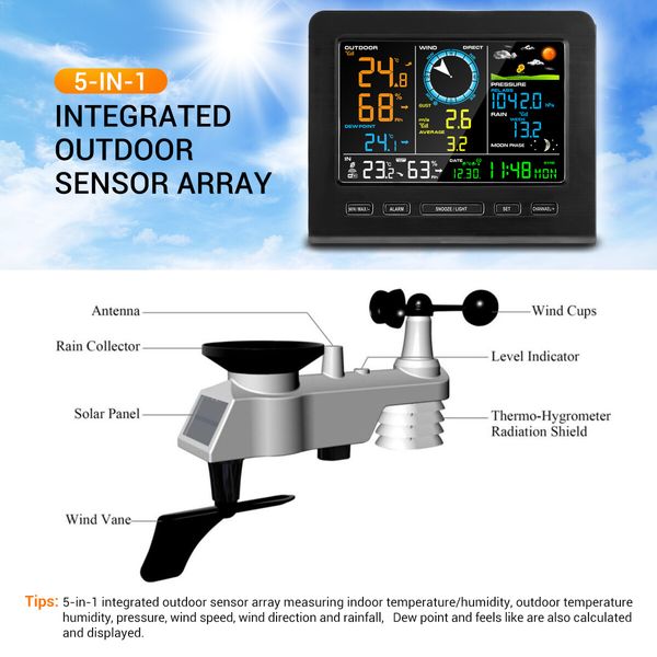 Solar Weather Station WiFi Wireless Home Forecaster Rain Gauge Clock Temperature Humidity