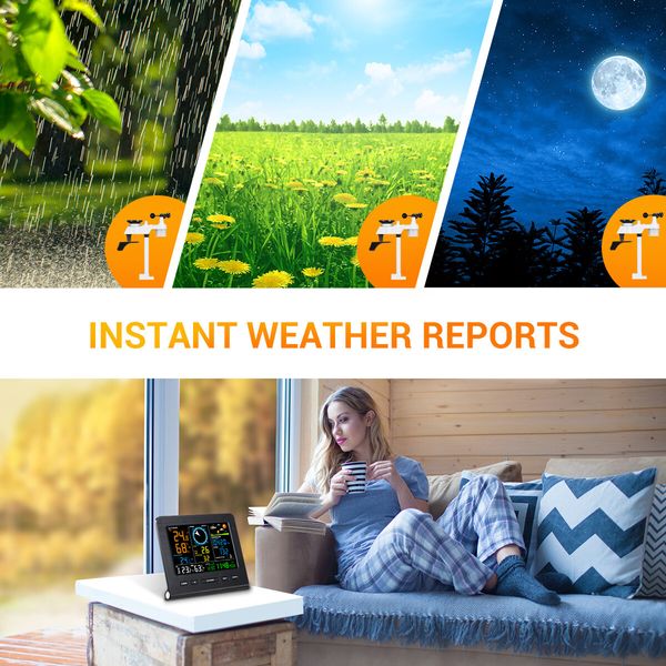 Solar Weather Station WiFi Wireless Home Forecaster Rain Gauge Clock Temperature Humidity