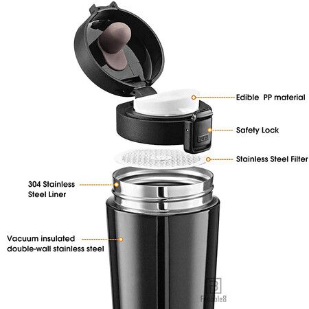 Double Walled 380ml Vacuum Insulated Travel Stainless Steel Tea Coffee Flask Thermos Mug