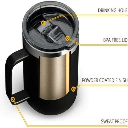 14oz Stainless Steel Insulated Coffee Mug with Handle, Double Wall Vacuum Travel Mug, Tumbler Cup with Sliding Lid, Black