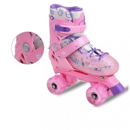 SizeS(26-29) Ice Pink Double-Row Roller Skates Shoes,4 Sizes Adjustable Roller Skating,Suitable For Beginners