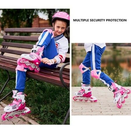 SizeM(33-37) Pink Single Roller Skates,Adjustable 4 Sizes Toddler Rollerskates with Light Up Wheels, for Girls/Boys/Women/Men