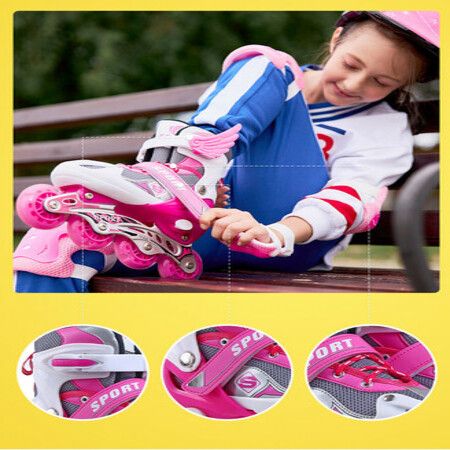 SizeM(33-37) Pink Single Roller Skates,Adjustable 4 Sizes Toddler Rollerskates with Light Up Wheels, for Girls/Boys/Women/Men