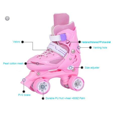 SizeM(30-33) Pink Double-Row Roller Skates Shoes,4 Sizes Adjustable Roller Skating,Suitable For Beginners