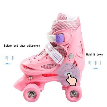 SizeM(30-33) Pink Double-Row Roller Skates Shoes,4 Sizes Adjustable Roller Skating,Suitable For Beginners