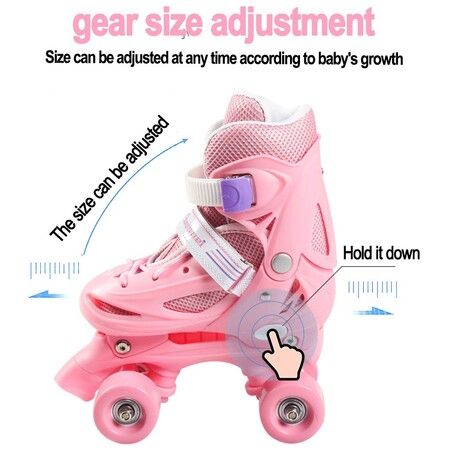 SizeM(30-33) Pink Double-Row Roller Skates Shoes,4 Sizes Adjustable Roller Skating,Suitable For Beginners