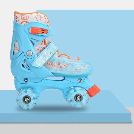 SizeM(31-34) Ice Blue Double-Row Roller Skates Shoes,4 Sizes Adjustable Roller Skating,Suitable For Beginners