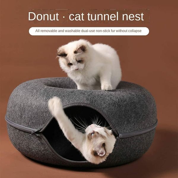 Natural Felt Pet Cat Tunnel Nest Bed,Funny Round Felt pet nest,Small Dogs Pets Supplies(Deep Grey)