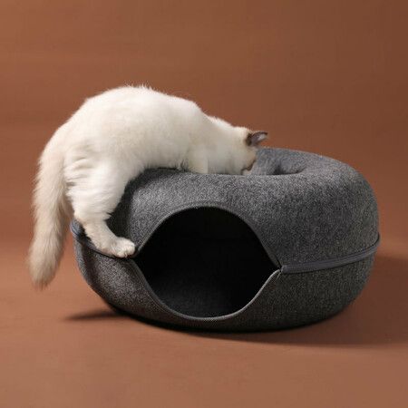 Natural Felt Pet Cat Tunnel Nest Bed,Funny Round Felt pet nest,Small Dogs Pets Supplies(Deep Grey)