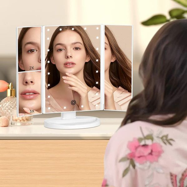 Vanity Makeup Mirror with Lights,1x 2X 4X Magnification,Touch Control,Trifold Makeup Mirror,Dual Power Supply, Portable LED,Women Gift(White)