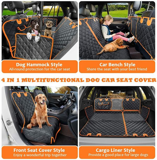 4-in-1 Convertible Dog Car Seat Cover Waterproof Nonslip 600D Heavy Scratchproof for Cars Back Seat with Mesh Window for Cars Trucks and SUVs