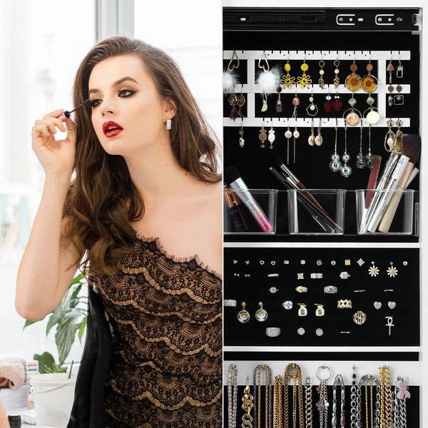 Mirror Jewellery Organiser Cabinet Makeup Storage 360 Degree Rotating Wooden Armoire Ring Necklace Earring Holders