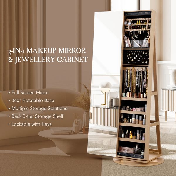 Jewellery Organiser Cabinet Makeup Storage Mirror 360 Degree Rotatable Armoire Ring Necklace Earring Holders Wood