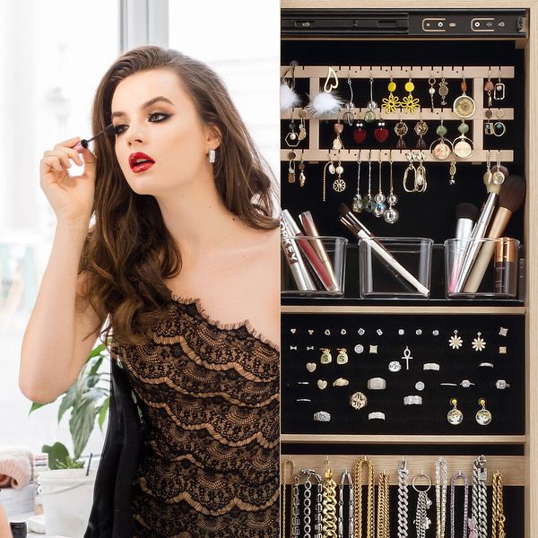 Jewellery Organiser Cabinet Makeup Storage Mirror 360 Degree Rotatable Armoire Ring Necklace Earring Holders Wood