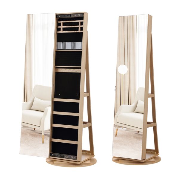 Jewellery Organiser Cabinet Makeup Storage Mirror 360 Degree Rotatable Armoire Ring Necklace Earring Holders Wood