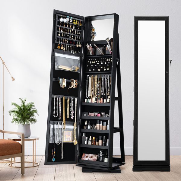 Jewellery Organiser Makeup Storage Cabinet  Mirror  Armoire 360 Degree Rotating Wood Necklace Earring Ring Holders