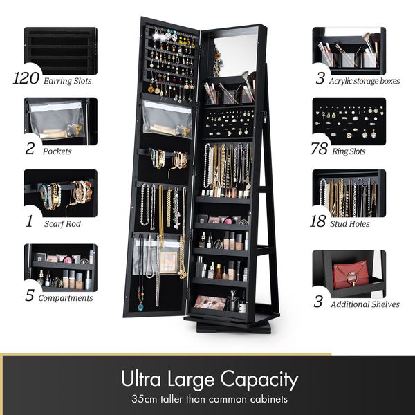 Jewellery Organiser Makeup Storage Cabinet  Mirror  Armoire 360 Degree Rotating Wood Necklace Earring Ring Holders