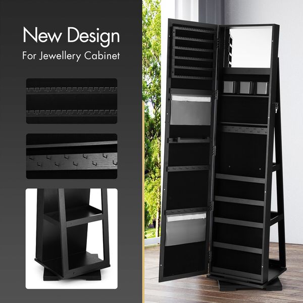 Jewellery Organiser Makeup Storage Cabinet  Mirror  Armoire 360 Degree Rotating Wood Necklace Earring Ring Holders