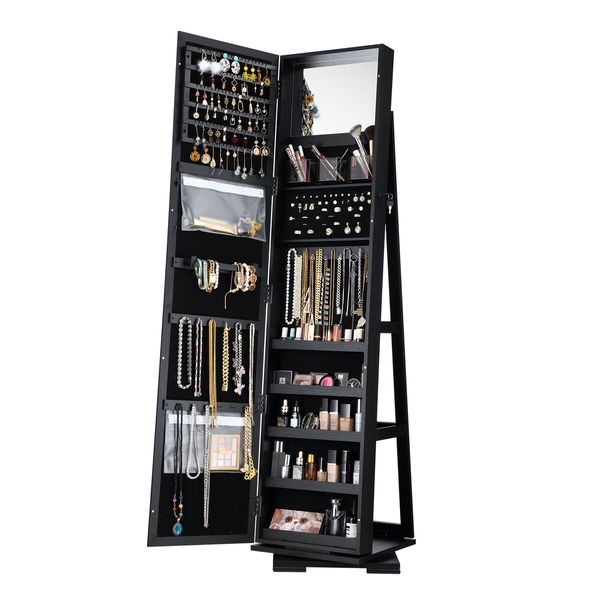 Jewellery Organiser Makeup Storage Cabinet  Mirror  Armoire 360 Degree Rotating Wood Necklace Earring Ring Holders