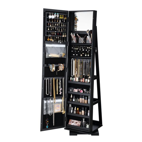 Jewellery Organiser Makeup Storage Cabinet  Mirror  Armoire 360 Degree Rotating Wood Necklace Earring Ring Holders