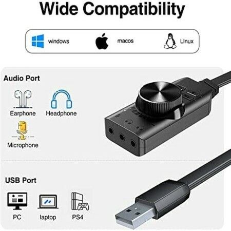 USB Sound Card Adapter 7.1 Channel External Audio Adapter Stereo Sound Card Converter 3.5mm AUX Microphone Jack