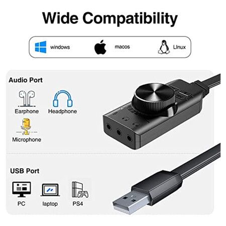 USB Sound Card Adapter 7.1 Channel External Audio Adapter Stereo Sound Card Converter 3.5mm AUX Microphone Jack