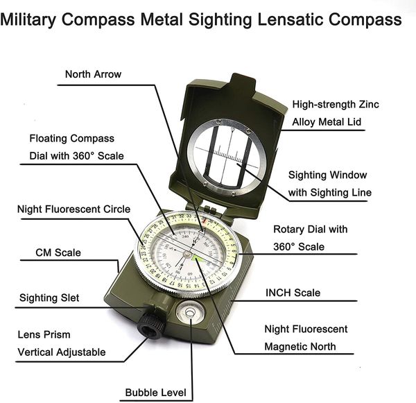 Military Compass Metal Sighting Lensatic Compass, Survival Navigation Compass for Hiking, Camping, Hunting, Backpacking