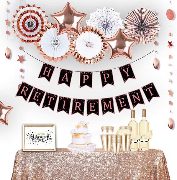 Retirement Party Decorations for Women Black Rose Gold Happy Retirement Banner and Swirls with Rose Gold Confetti Balloons Kit