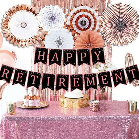 Retirement Party Decorations for Women Black Rose Gold Happy Retirement Banner and Swirls with Rose Gold Confetti Balloons Kit