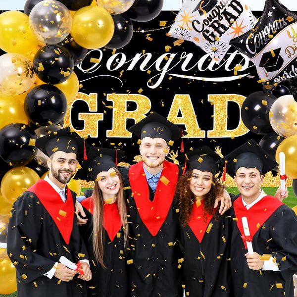 45pcs Class of 2022 Graduation DecorationsBackdrop Banner Balloon Black and Gold Confetti  Party Supplies