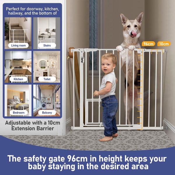 Adjustable Safety Gate Pet Dog Security Barrier Kid Safe Stair Fence Guard w/ Extension Walk Through Door 96cm White