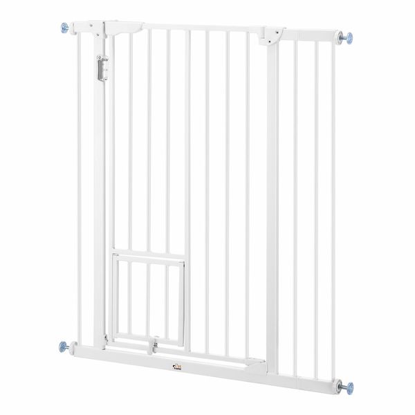 Adjustable Safety Gate Pet Dog Security Barrier Kid Safe Stair Fence Guard w/ Extension Walk Through Door 96cm White