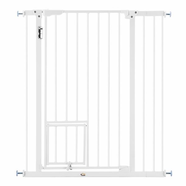 Adjustable Safety Gate Pet Dog Security Barrier Kid Safe Stair Fence Guard w/ Extension Walk Through Door 96cm White