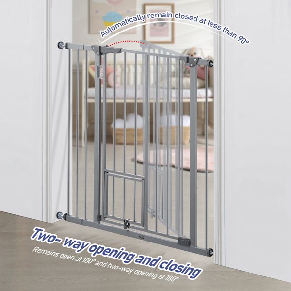 Pet Safety Gate Adjustable Dog Security Barrier Kid Safe Stair Fence Guard w/ Extension Walk Through Door 96cm Gray