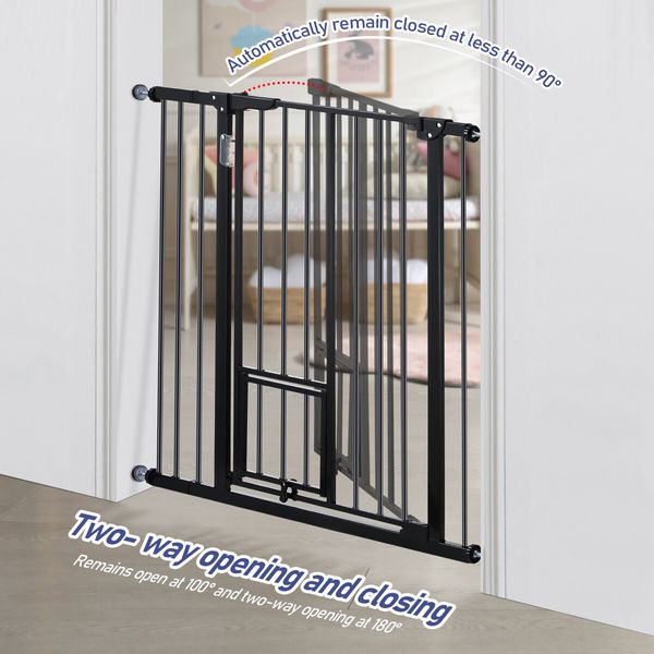 Pet Safety Gate Adjustable Kid Safe Stair Dog Fence Guard Security Barrier w/ Extension Walk Through Door 96cm Black