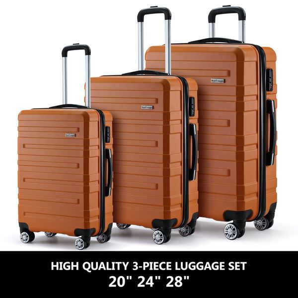 3 Piece Luggage Travel Set Hard Carry On Suitcases Lightweight Trolley with 2 Covers and TSA Lock Orange