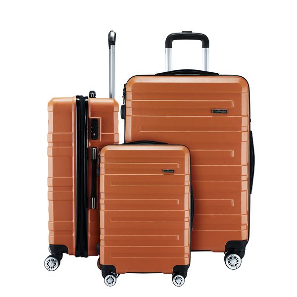 3 Piece Luggage Travel Set Hard Carry On Suitcases Lightweight Trolley with 2 Covers and TSA Lock Orange