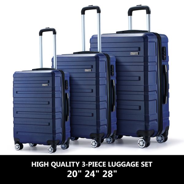 3 Piece Luggage Set Travel Carry On Hard Suitcases Trolley Lightweight with 2 Covers and TSA Lock Navy Blue