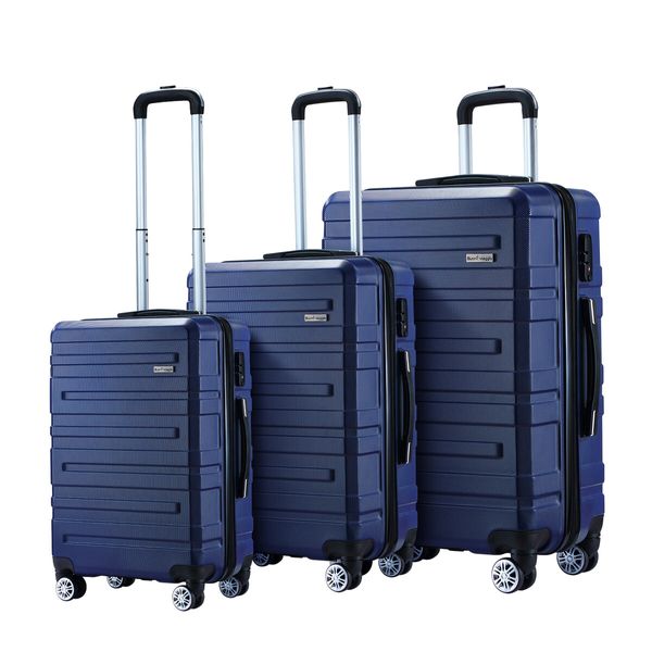 3 Piece Luggage Set Travel Carry On Hard Suitcases Trolley Lightweight with 2 Covers and TSA Lock Navy Blue