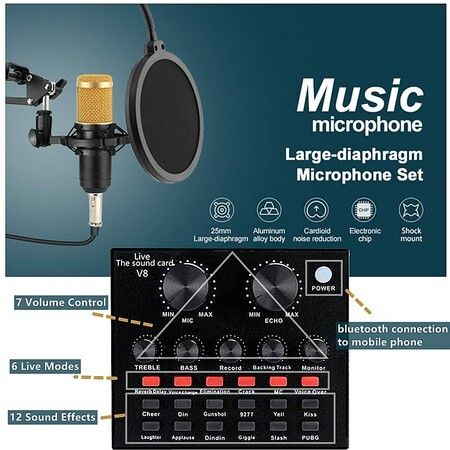 Podcast Microphone Bundle Livestream Mic Kit with Live Sound Card Adjustable Metal Shock Mount Recording Broadcasting Gold