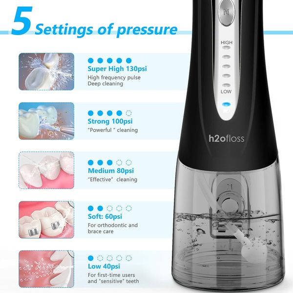 Cordless Water Dental Flosser Rechargeable 5 Modes and 5 Jet Tips for Family