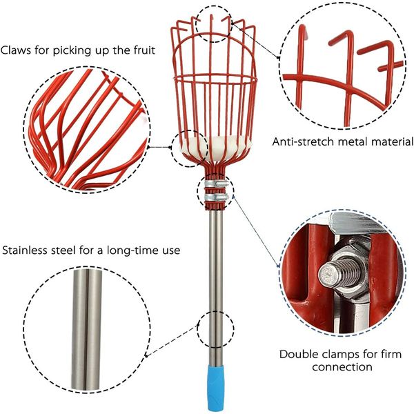 Fruit Picker Tool 8 Ft Height Adjustable Fruit Picker with Big Basket Light Weight Stainless Steel Pole